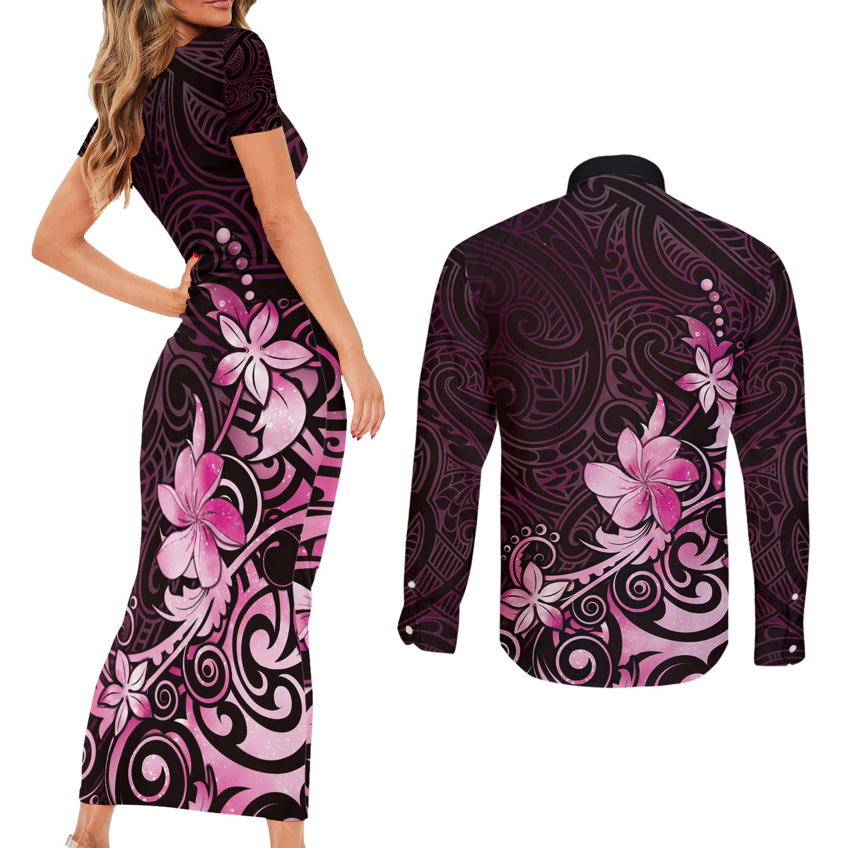 Matariki New Zealand Couples Matching Short Sleeve Bodycon Dress and Long Sleeve Button Shirt Maori Pattern Pink Galaxy LT05 - Polynesian Pride