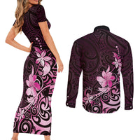 Matariki New Zealand Couples Matching Short Sleeve Bodycon Dress and Long Sleeve Button Shirt Maori Pattern Pink Galaxy LT05 - Polynesian Pride
