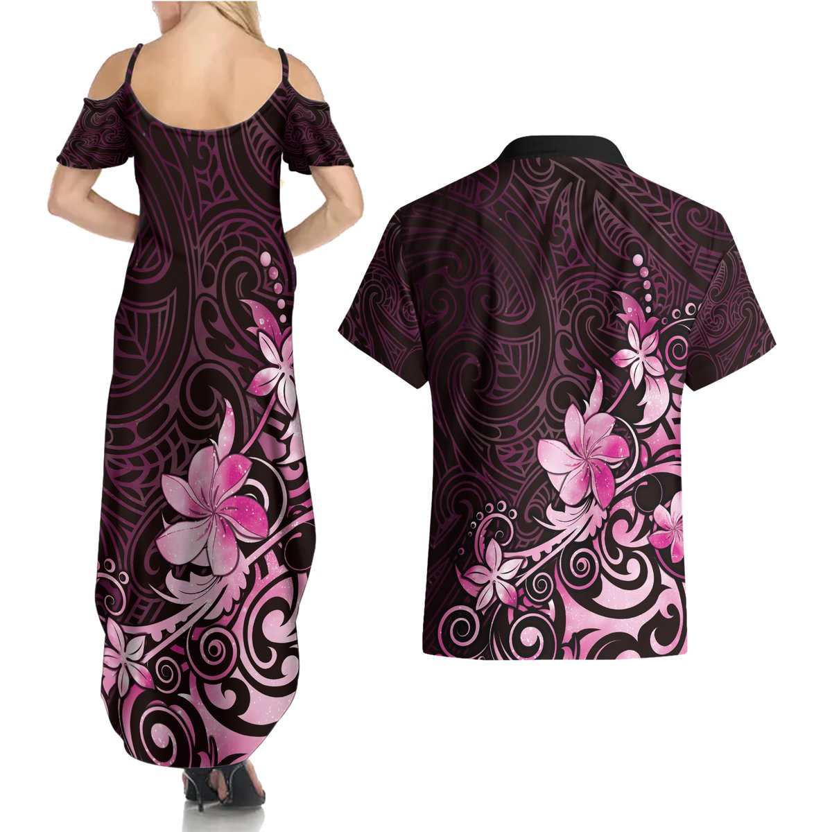 Matariki New Zealand Couples Matching Summer Maxi Dress and Hawaiian Shirt Maori Pattern Pink Galaxy LT05 - Polynesian Pride