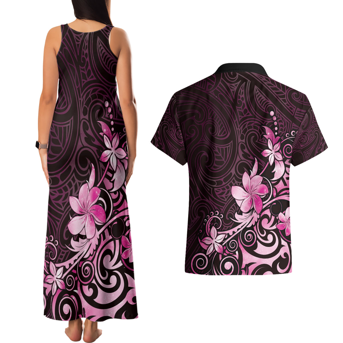 Matariki New Zealand Couples Matching Tank Maxi Dress and Hawaiian Shirt Maori Pattern Pink Galaxy LT05 - Polynesian Pride