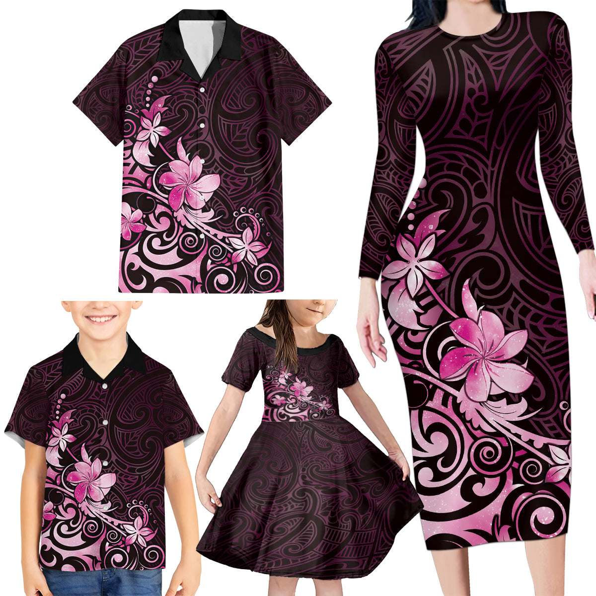 Matariki New Zealand Family Matching Long Sleeve Bodycon Dress and Hawaiian Shirt Maori Pattern Pink Galaxy LT05 - Polynesian Pride