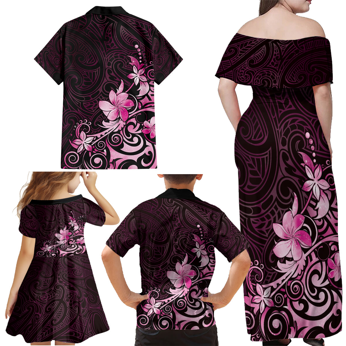 Matariki New Zealand Family Matching Off Shoulder Maxi Dress and Hawaiian Shirt Maori Pattern Pink Galaxy LT05 - Polynesian Pride