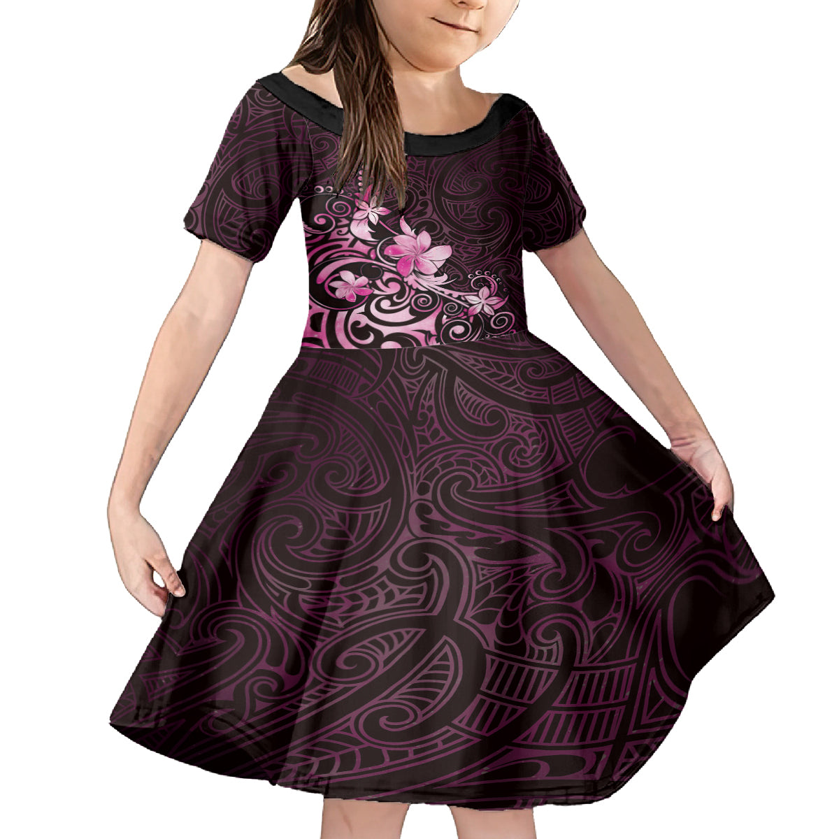 Matariki New Zealand Family Matching Off Shoulder Short Dress and Hawaiian Shirt Maori Pattern Pink Galaxy LT05 Daughter's Dress Pink - Polynesian Pride