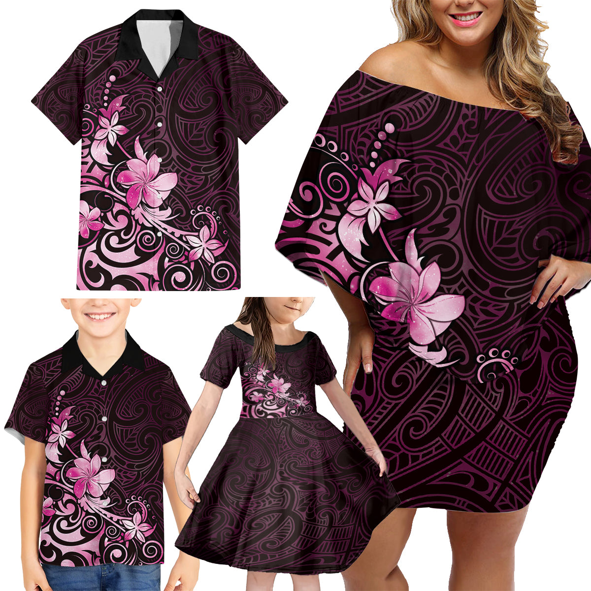 Matariki New Zealand Family Matching Off Shoulder Short Dress and Hawaiian Shirt Maori Pattern Pink Galaxy LT05 - Polynesian Pride
