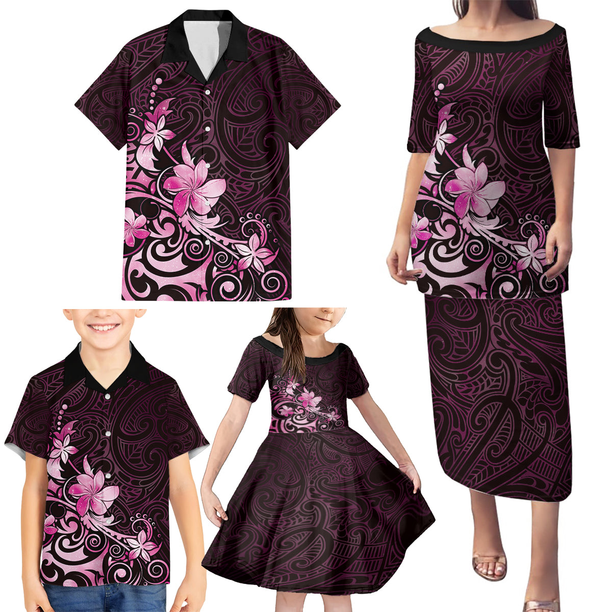 Matariki New Zealand Family Matching Puletasi and Hawaiian Shirt Maori Pattern Pink Galaxy LT05 - Polynesian Pride