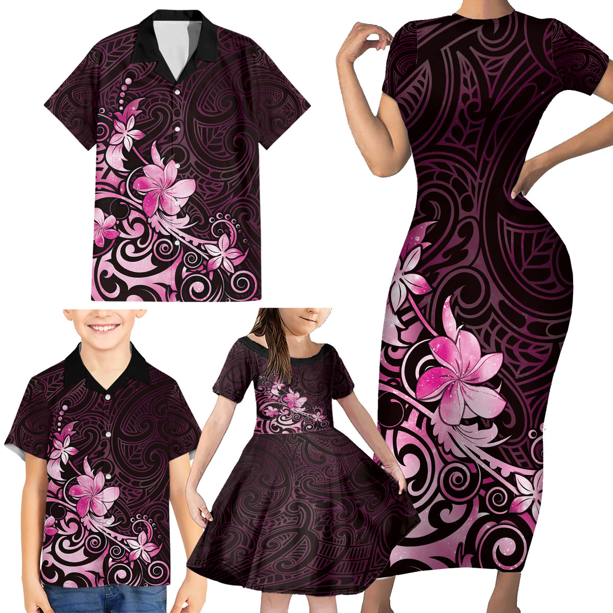Matariki New Zealand Family Matching Short Sleeve Bodycon Dress and Hawaiian Shirt Maori Pattern Pink Galaxy LT05 - Polynesian Pride