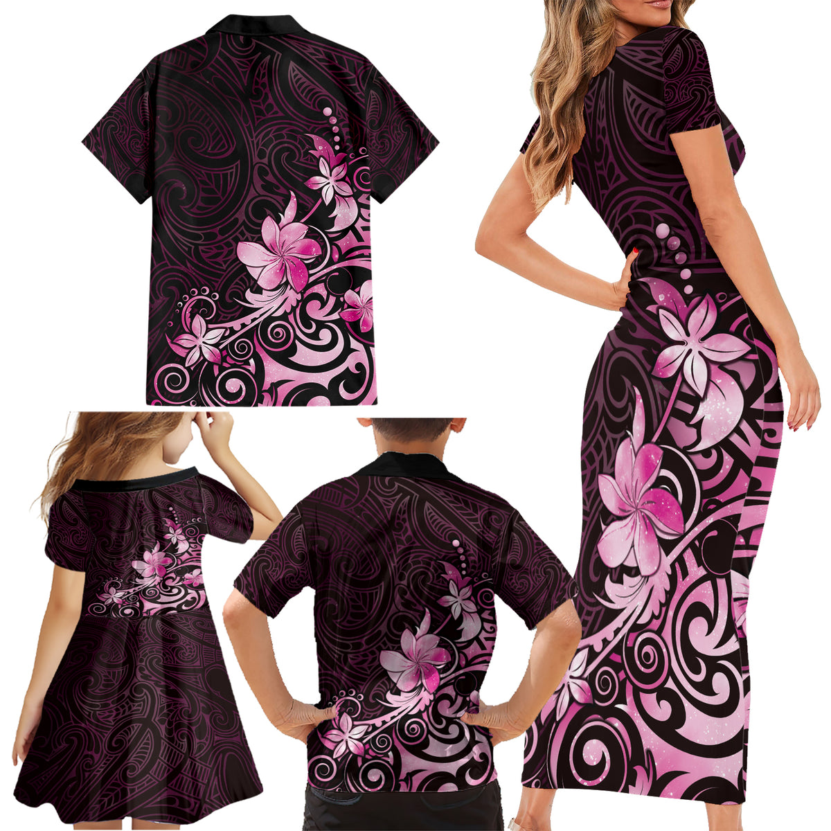Matariki New Zealand Family Matching Short Sleeve Bodycon Dress and Hawaiian Shirt Maori Pattern Pink Galaxy LT05 - Polynesian Pride