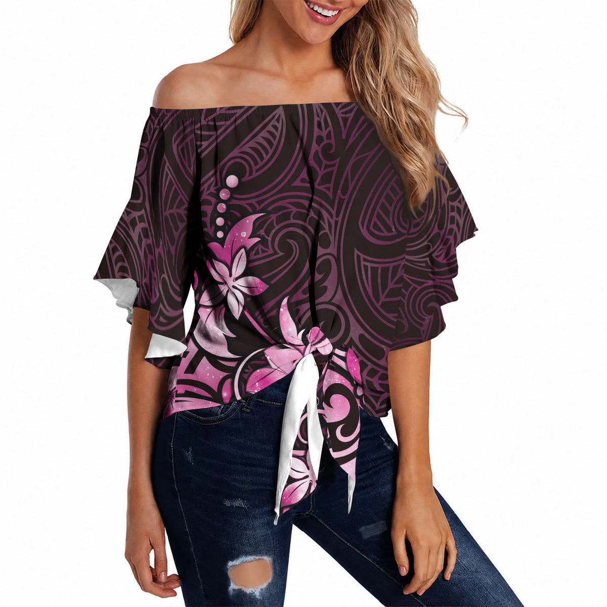 Matariki New Zealand Off Shoulder Wrap Waist Top Maori Pattern Pink Galaxy LT05 - Polynesian Pride