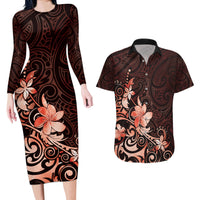 Matariki New Zealand Couples Matching Long Sleeve Bodycon Dress and Hawaiian Shirt Maori Pattern Red Galaxy LT05 Red - Polynesian Pride