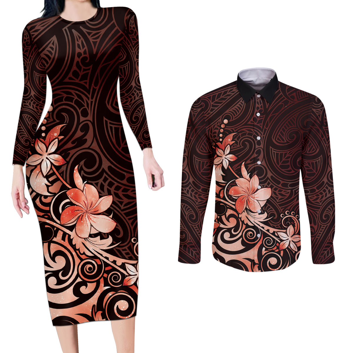 Matariki New Zealand Couples Matching Long Sleeve Bodycon Dress and Long Sleeve Button Shirt Maori Pattern Red Galaxy LT05 Red - Polynesian Pride
