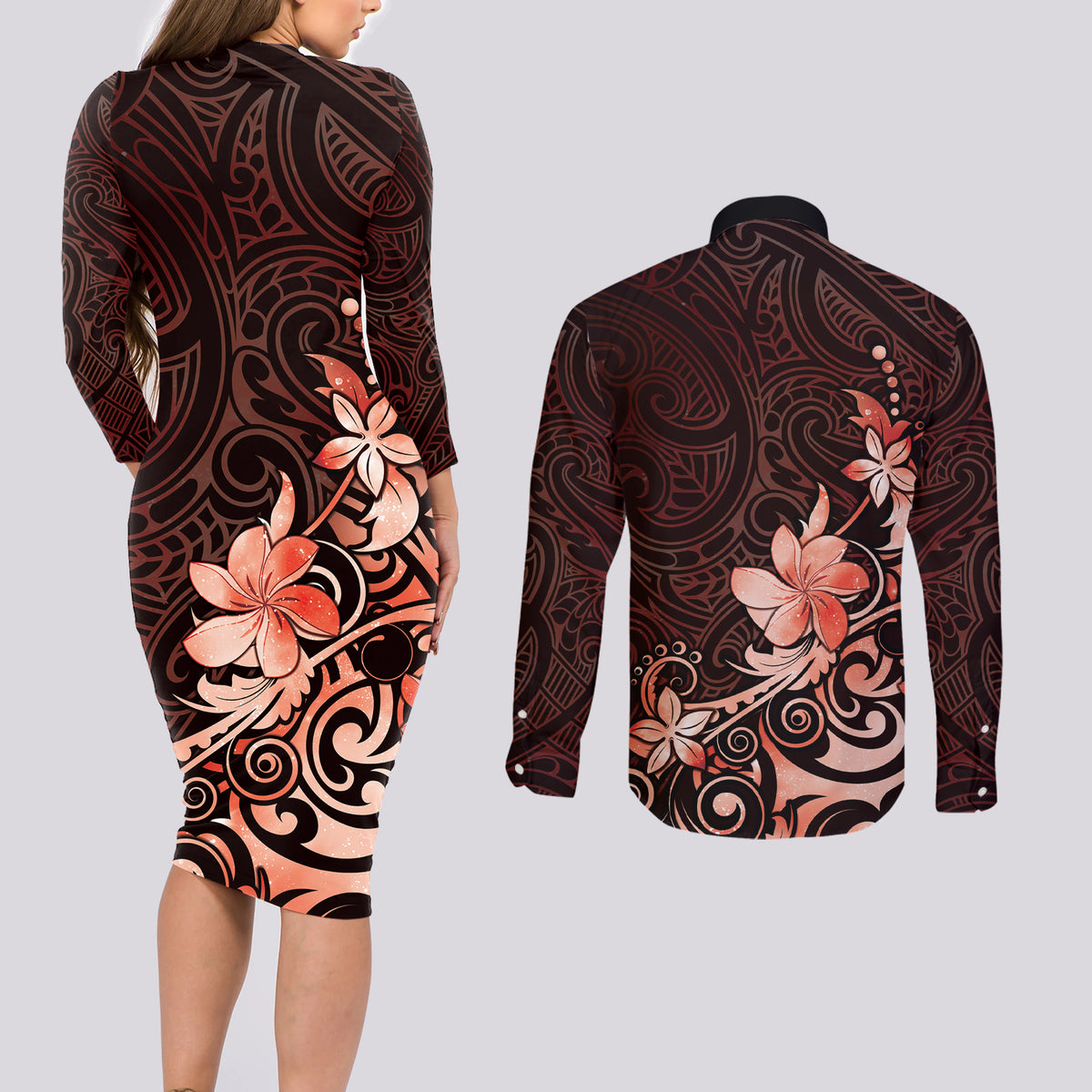 Matariki New Zealand Couples Matching Long Sleeve Bodycon Dress and Long Sleeve Button Shirt Maori Pattern Red Galaxy LT05 - Polynesian Pride