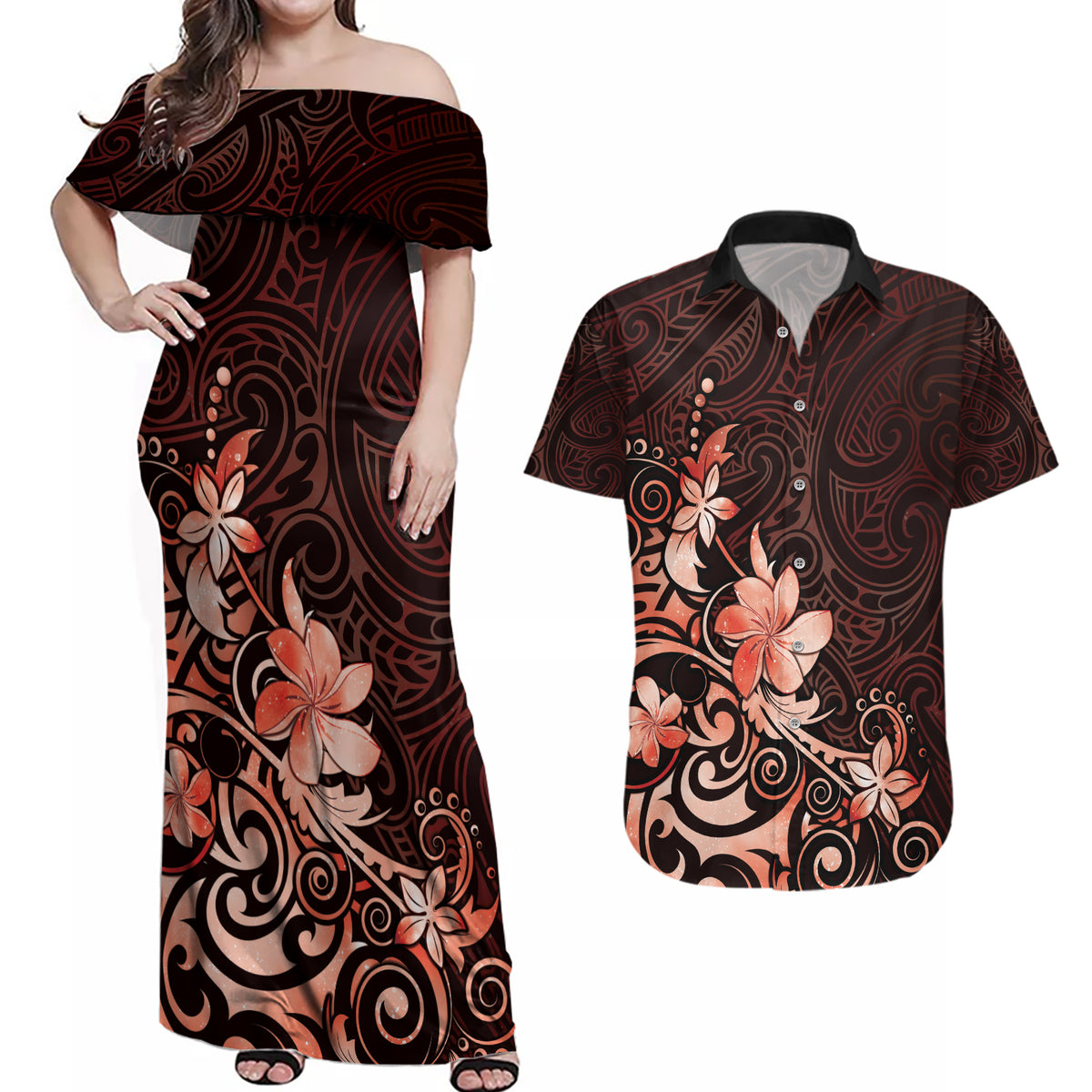Matariki New Zealand Couples Matching Off Shoulder Maxi Dress and Hawaiian Shirt Maori Pattern Red Galaxy LT05 Red - Polynesian Pride