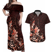 Matariki New Zealand Couples Matching Off Shoulder Maxi Dress and Hawaiian Shirt Maori Pattern Red Galaxy LT05 Red - Polynesian Pride