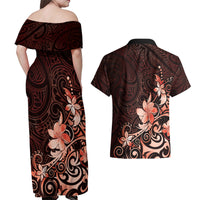Matariki New Zealand Couples Matching Off Shoulder Maxi Dress and Hawaiian Shirt Maori Pattern Red Galaxy LT05 - Polynesian Pride