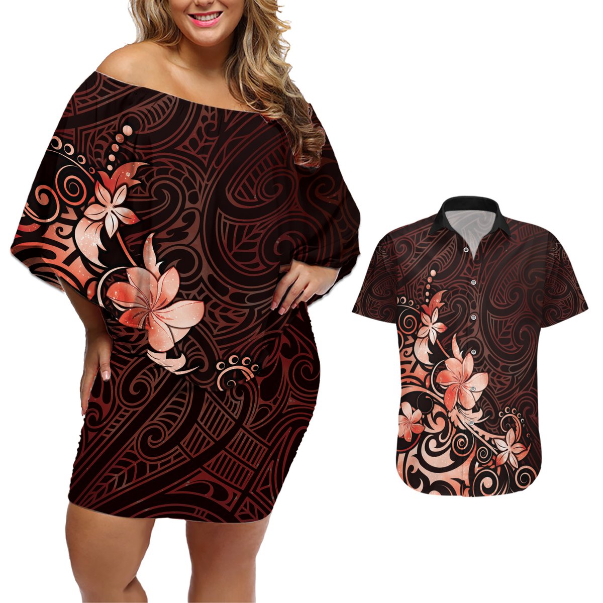 Matariki New Zealand Couples Matching Off Shoulder Short Dress and Hawaiian Shirt Maori Pattern Red Galaxy LT05 Red - Polynesian Pride