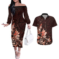 Matariki New Zealand Couples Matching Off The Shoulder Long Sleeve Dress and Hawaiian Shirt Maori Pattern Red Galaxy LT05 Red - Polynesian Pride