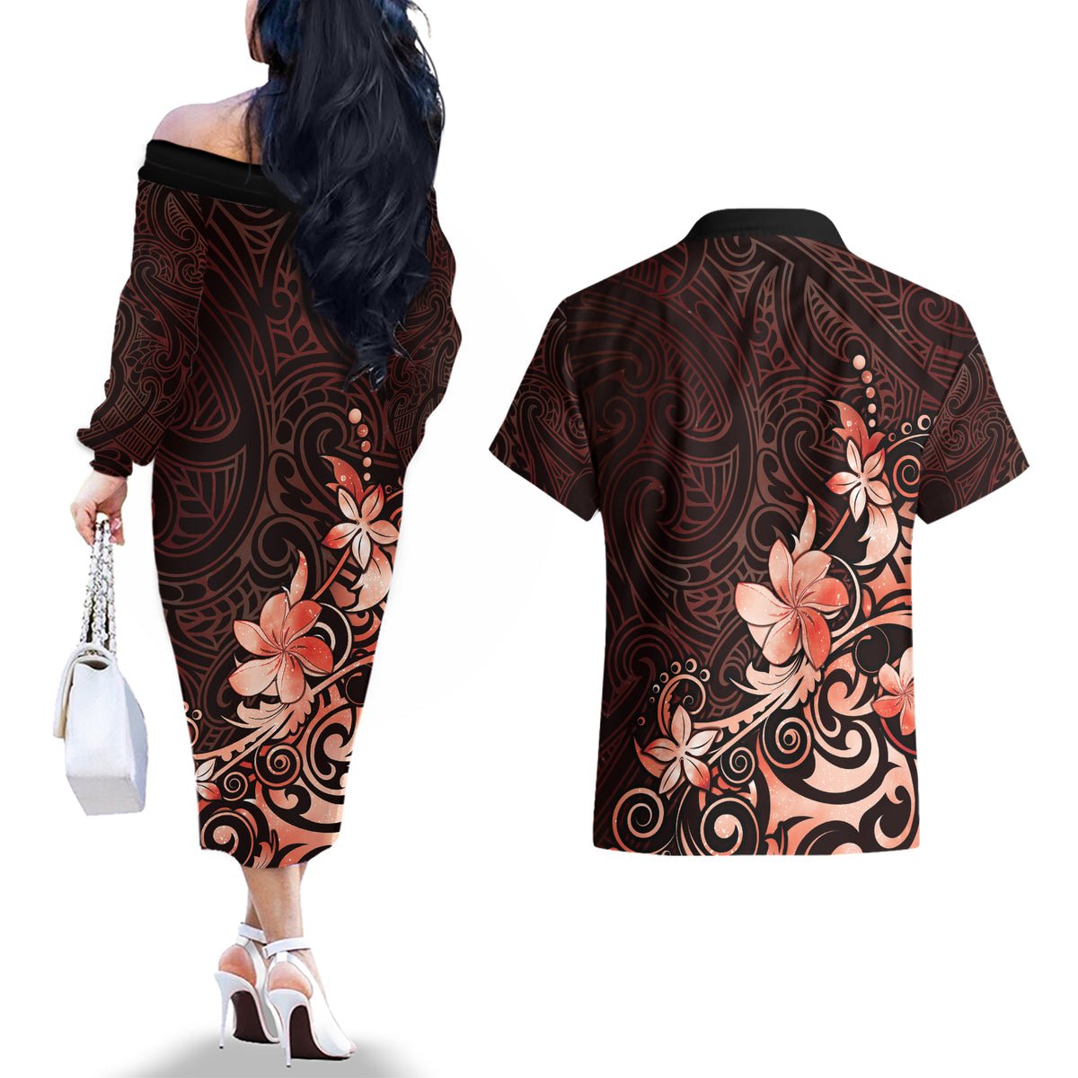 Matariki New Zealand Couples Matching Off The Shoulder Long Sleeve Dress and Hawaiian Shirt Maori Pattern Red Galaxy LT05 - Polynesian Pride
