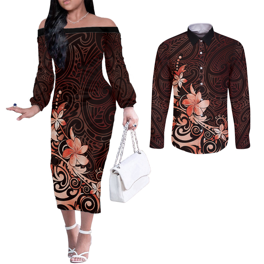 Matariki New Zealand Couples Matching Off The Shoulder Long Sleeve Dress and Long Sleeve Button Shirt Maori Pattern Red Galaxy LT05 Red - Polynesian Pride