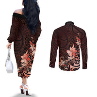 Matariki New Zealand Couples Matching Off The Shoulder Long Sleeve Dress and Long Sleeve Button Shirt Maori Pattern Red Galaxy LT05 - Polynesian Pride