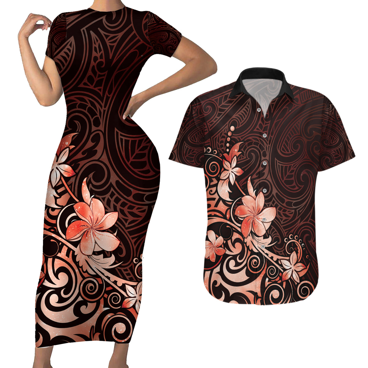 Matariki New Zealand Couples Matching Short Sleeve Bodycon Dress and Hawaiian Shirt Maori Pattern Red Galaxy LT05 Red - Polynesian Pride