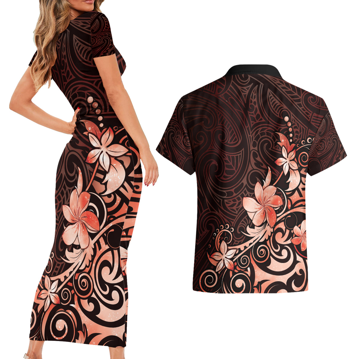 Matariki New Zealand Couples Matching Short Sleeve Bodycon Dress and Hawaiian Shirt Maori Pattern Red Galaxy LT05 - Polynesian Pride