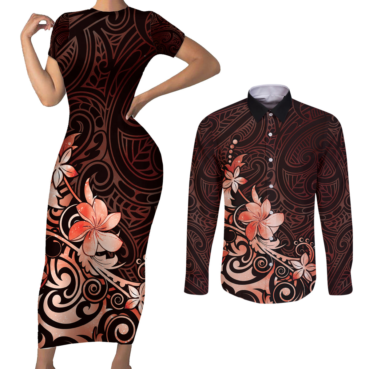 Matariki New Zealand Couples Matching Short Sleeve Bodycon Dress and Long Sleeve Button Shirt Maori Pattern Red Galaxy LT05 Red - Polynesian Pride