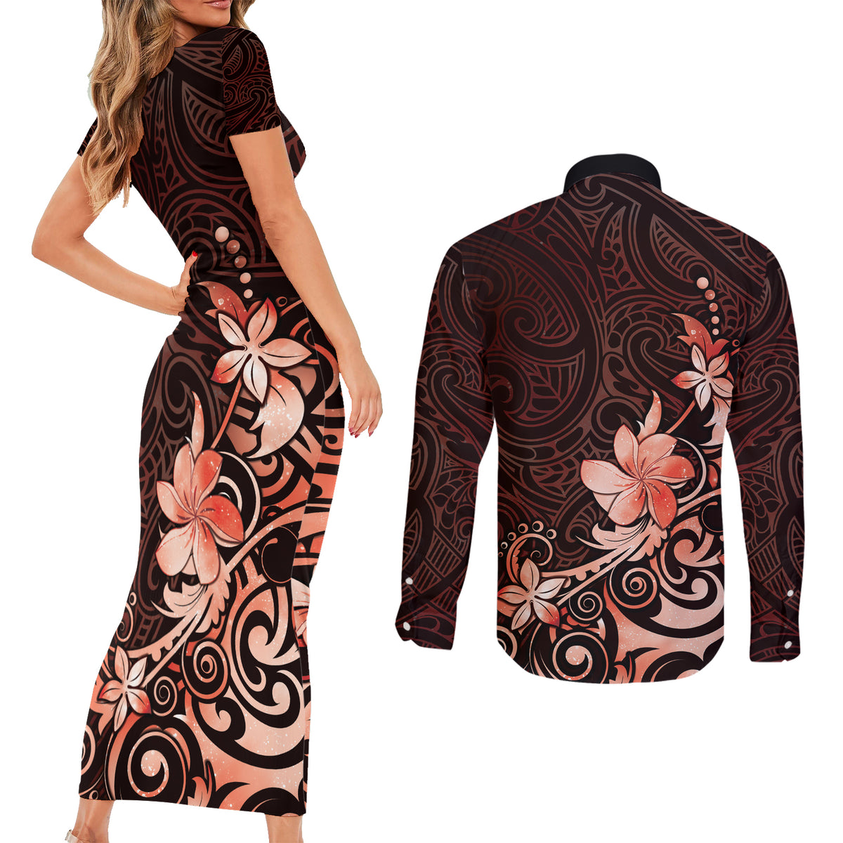 Matariki New Zealand Couples Matching Short Sleeve Bodycon Dress and Long Sleeve Button Shirt Maori Pattern Red Galaxy LT05 - Polynesian Pride