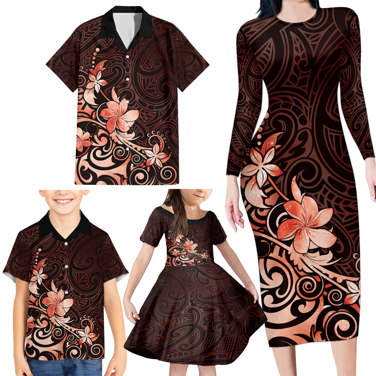 Matariki New Zealand Family Matching Long Sleeve Bodycon Dress and Hawaiian Shirt Maori Pattern Red Galaxy LT05 - Polynesian Pride