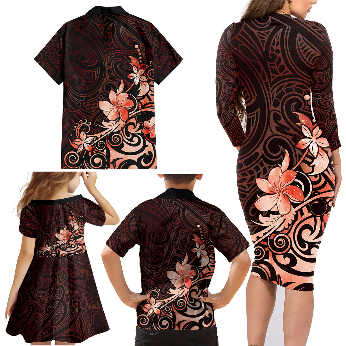 Matariki New Zealand Family Matching Long Sleeve Bodycon Dress and Hawaiian Shirt Maori Pattern Red Galaxy LT05 - Polynesian Pride