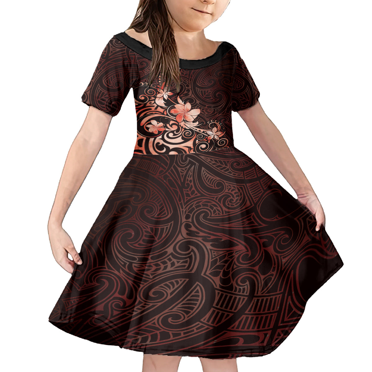 Matariki New Zealand Family Matching Off The Shoulder Long Sleeve Dress and Hawaiian Shirt Maori Pattern Red Galaxy LT05 Daughter's Dress Red - Polynesian Pride