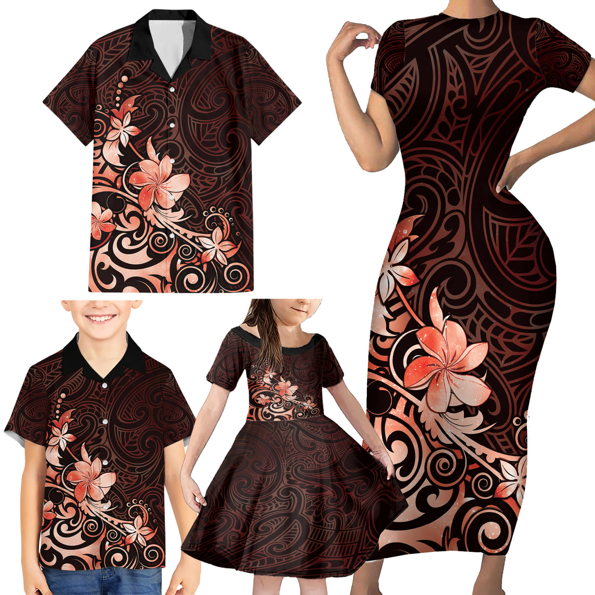 Matariki New Zealand Family Matching Short Sleeve Bodycon Dress and Hawaiian Shirt Maori Pattern Red Galaxy LT05 - Polynesian Pride