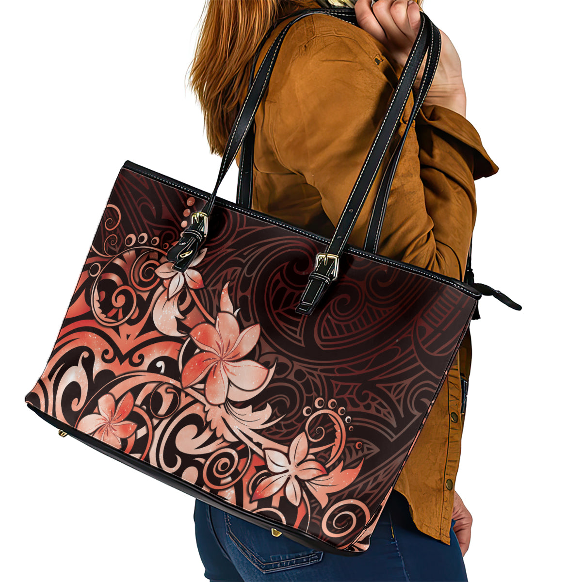 Matariki New Zealand Leather Tote Bag Maori Pattern Red Galaxy