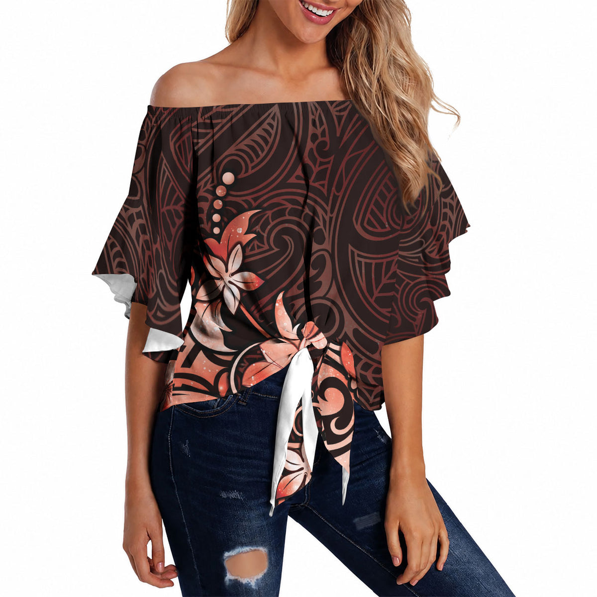 Matariki New Zealand Off Shoulder Wrap Waist Top Maori Pattern Red Galaxy LT05 - Polynesian Pride