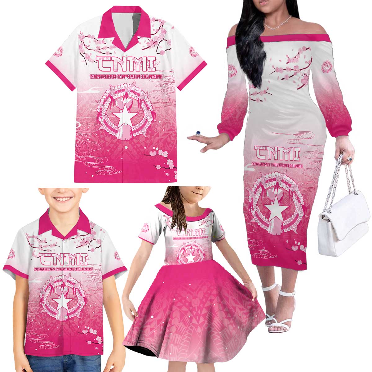 Personalized Sakura Marianas Family Matching Off The Shoulder Long Sleeve Dress and Hawaiian Shirt CNMI Seal LT05 - Polynesian Pride