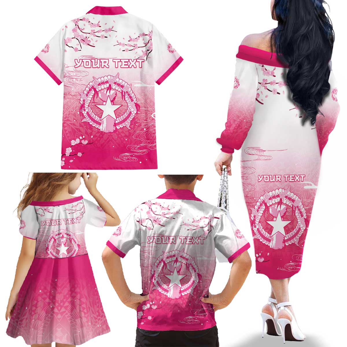 Personalized Sakura Marianas Family Matching Off The Shoulder Long Sleeve Dress and Hawaiian Shirt CNMI Seal LT05 - Polynesian Pride