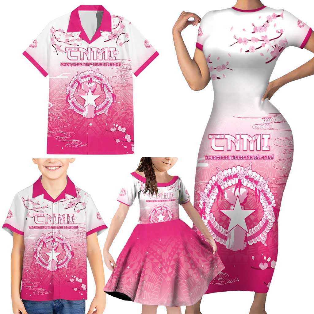 Personalized Sakura Marianas Family Matching Short Sleeve Bodycon Dress and Hawaiian Shirt CNMI Seal LT05 - Polynesian Pride