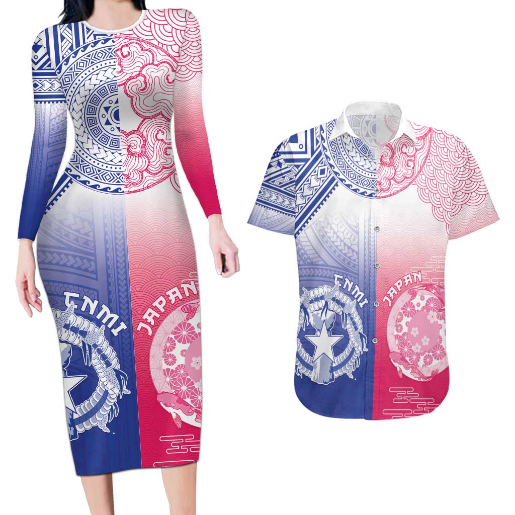 Custom Northern Mariana Islands And Japan Together Couples Matching Long Sleeve Bodycon Dress and Hawaiian Shirt LT05 White - Polynesian Pride
