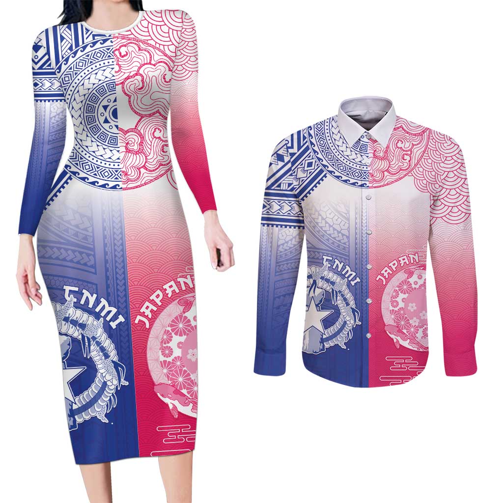 Custom Northern Mariana Islands And Japan Together Couples Matching Long Sleeve Bodycon Dress and Long Sleeve Button Shirt LT05 White - Polynesian Pride