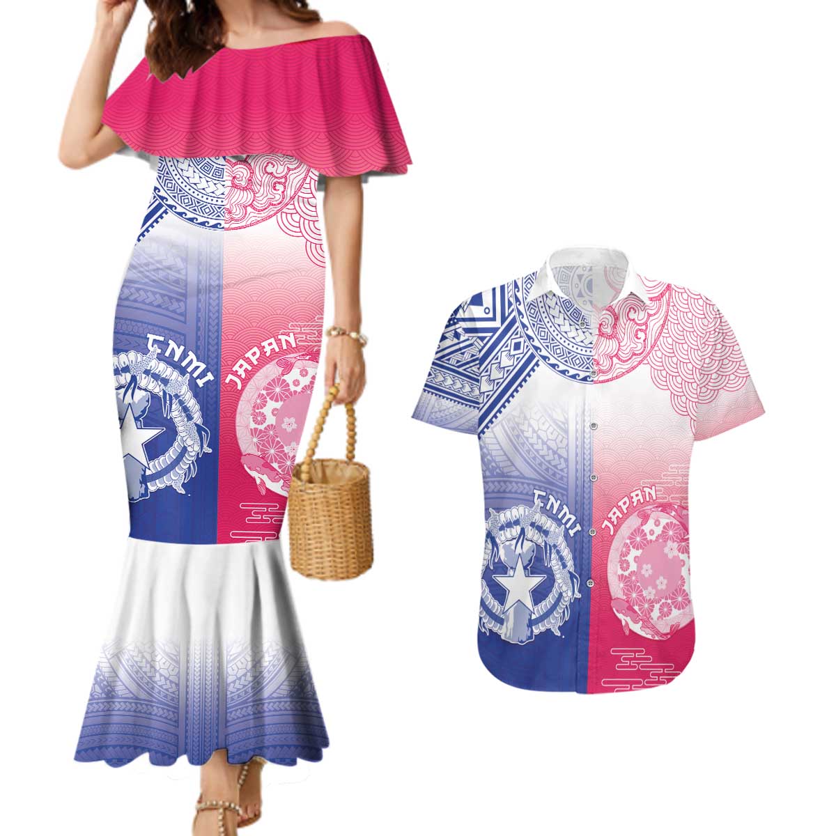 Custom Northern Mariana Islands And Japan Together Couples Matching Mermaid Dress and Hawaiian Shirt LT05 White - Polynesian Pride