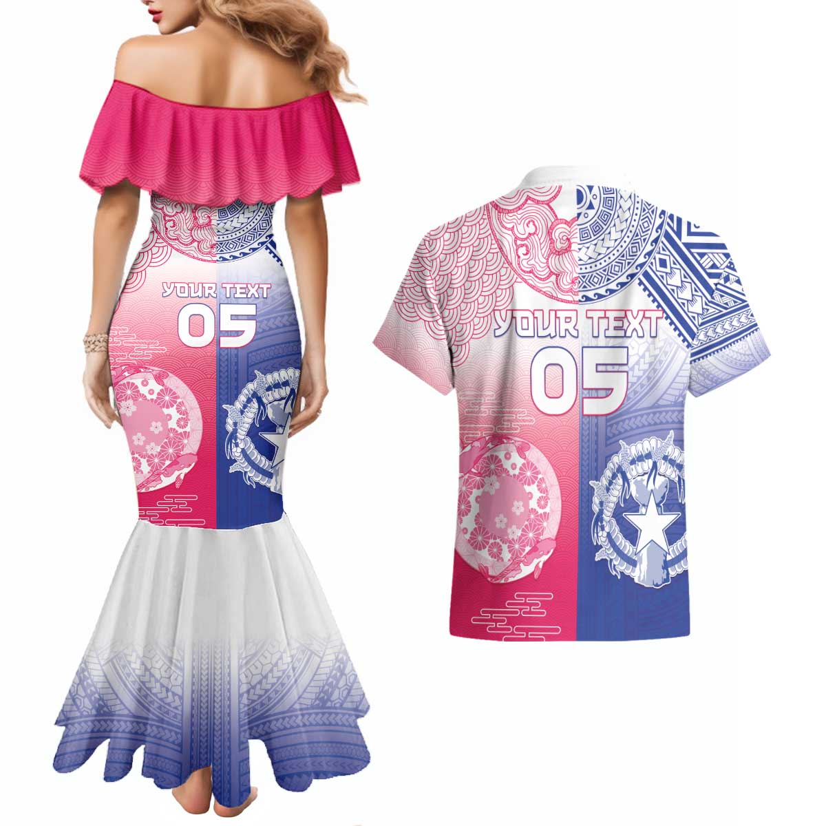 Custom Northern Mariana Islands And Japan Together Couples Matching Mermaid Dress and Hawaiian Shirt LT05 - Polynesian Pride