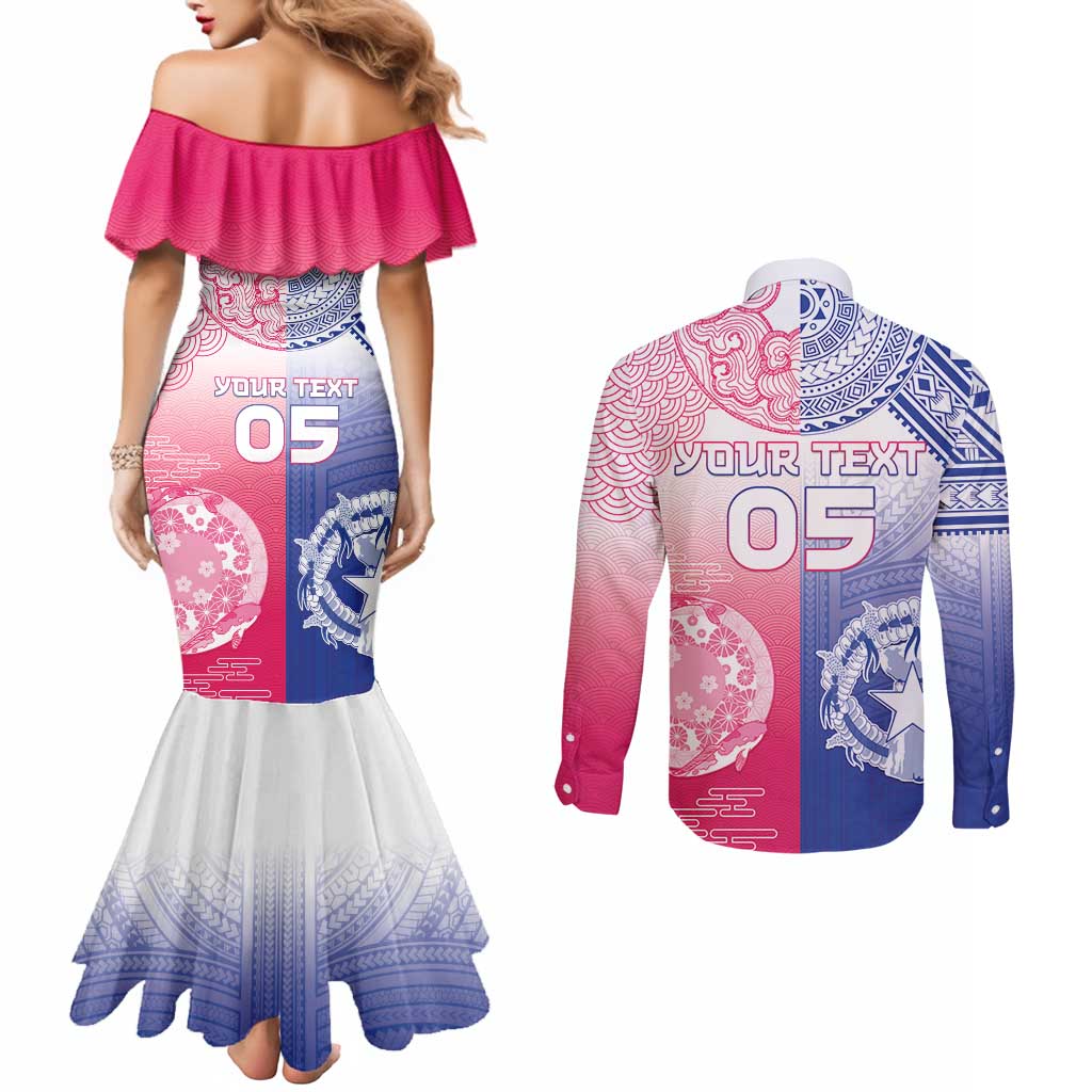 Custom Northern Mariana Islands And Japan Together Couples Matching Mermaid Dress and Long Sleeve Button Shirt LT05 - Polynesian Pride