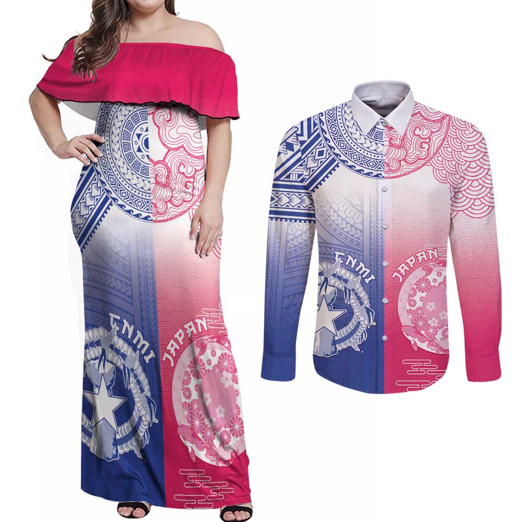 Custom Northern Mariana Islands And Japan Together Couples Matching Off Shoulder Maxi Dress and Long Sleeve Button Shirt