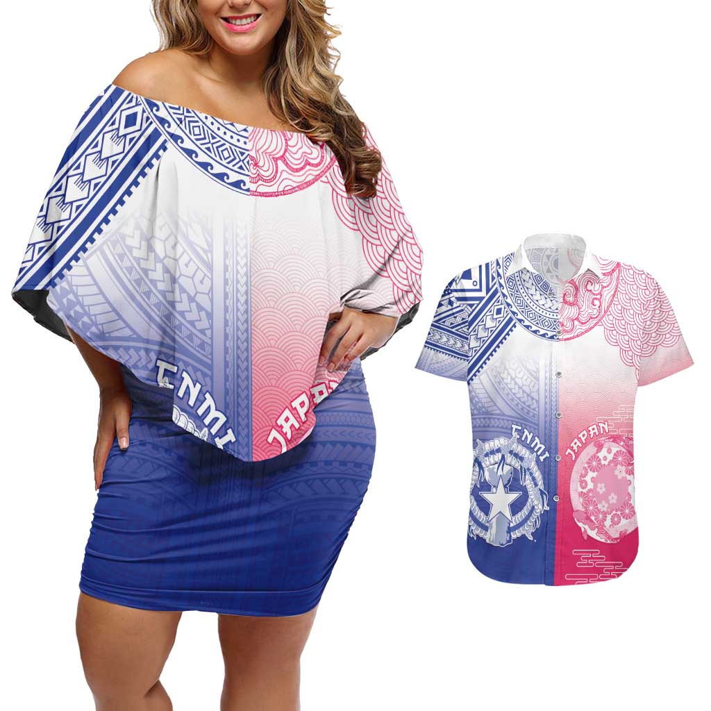 Custom Northern Mariana Islands And Japan Together Couples Matching Off Shoulder Short Dress and Hawaiian Shirt LT05 White - Polynesian Pride