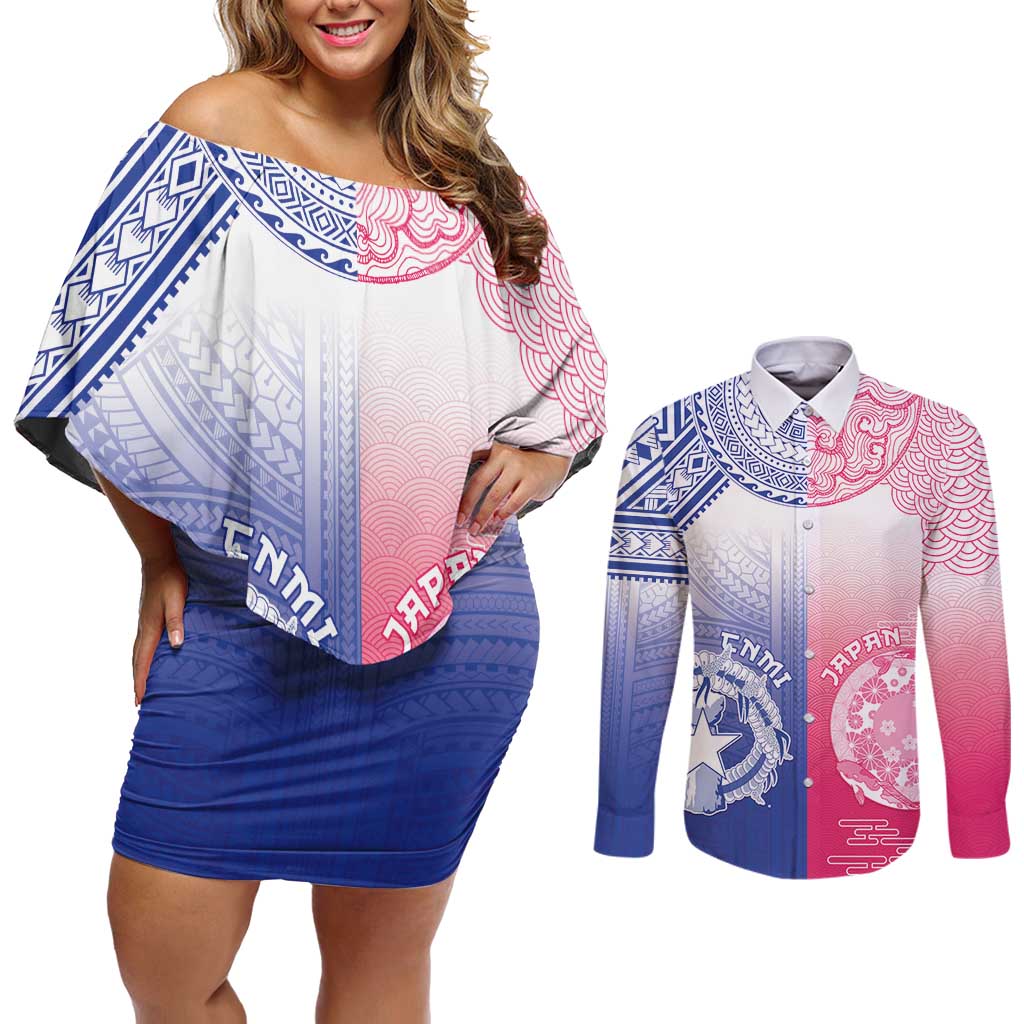 Custom Northern Mariana Islands And Japan Together Couples Matching Off Shoulder Short Dress and Long Sleeve Button Shirt LT05 White - Polynesian Pride