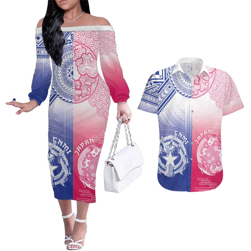 Custom Northern Mariana Islands And Japan Together Couples Matching Off The Shoulder Long Sleeve Dress and Hawaiian Shirt LT05 White - Polynesian Pride