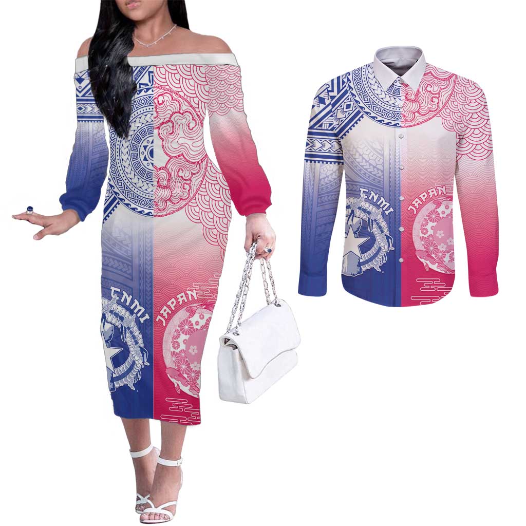 Custom Northern Mariana Islands And Japan Together Couples Matching Off The Shoulder Long Sleeve Dress and Long Sleeve Button Shirt LT05 White - Polynesian Pride