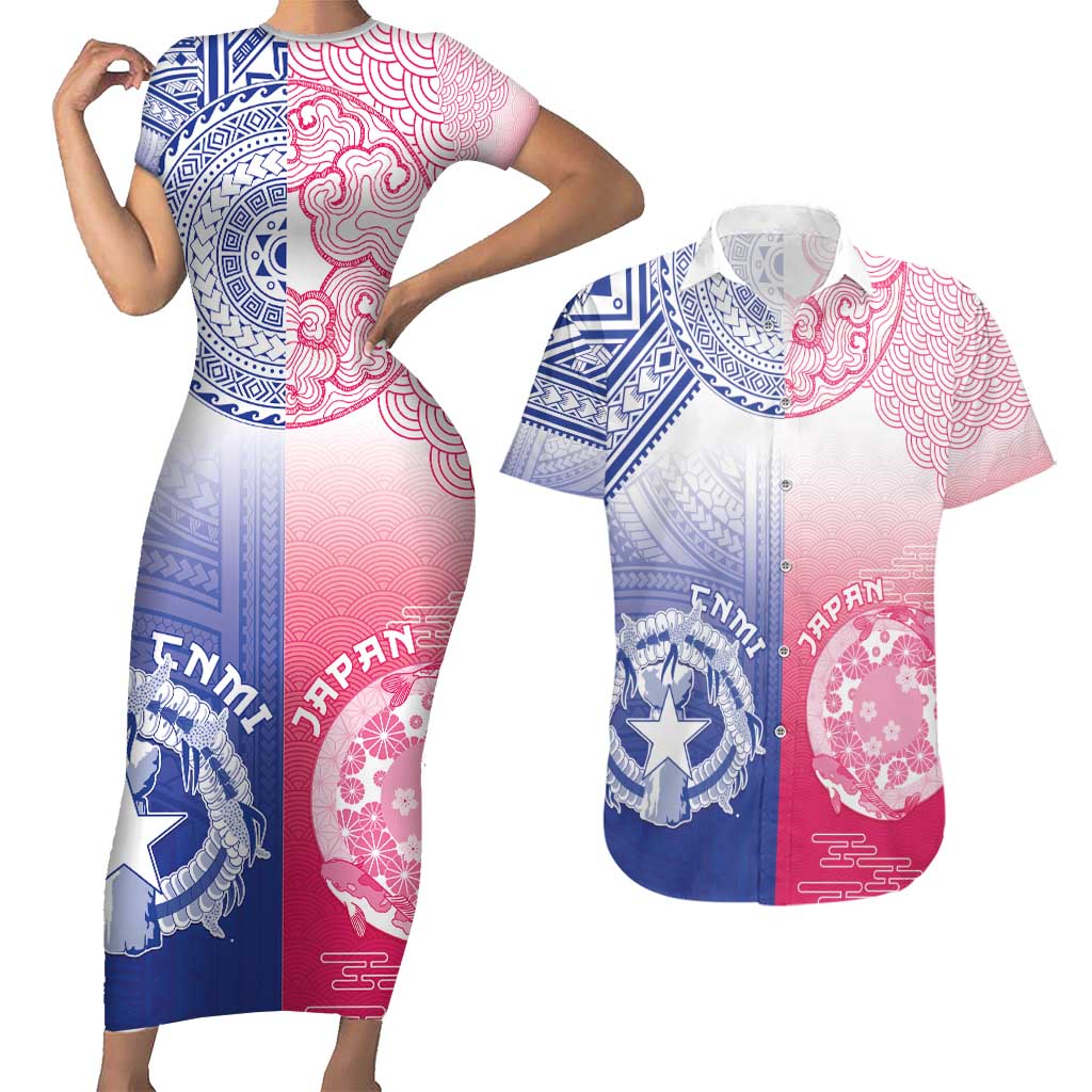 Custom Northern Mariana Islands And Japan Together Couples Matching Short Sleeve Bodycon Dress and Hawaiian Shirt LT05 White - Polynesian Pride