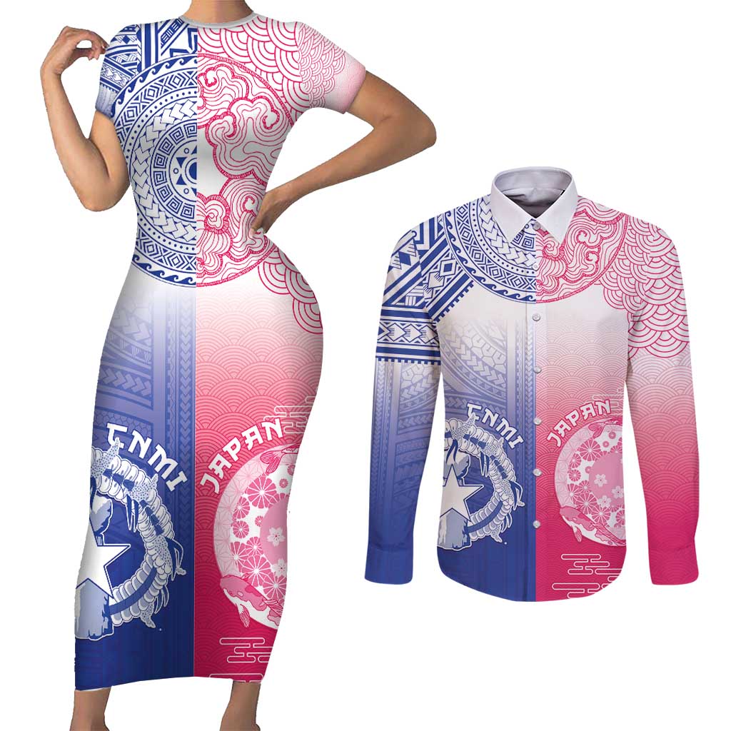Custom Northern Mariana Islands And Japan Together Couples Matching Short Sleeve Bodycon Dress and Long Sleeve Button Shirt LT05 White - Polynesian Pride