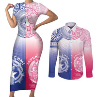 Custom Northern Mariana Islands And Japan Together Couples Matching Short Sleeve Bodycon Dress and Long Sleeve Button Shirt LT05 White - Polynesian Pride
