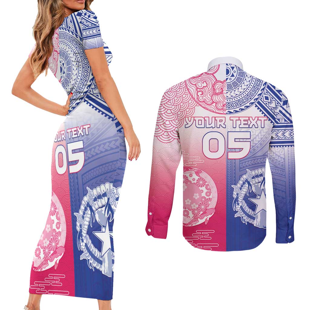 Custom Northern Mariana Islands And Japan Together Couples Matching Short Sleeve Bodycon Dress and Long Sleeve Button Shirt LT05 - Polynesian Pride